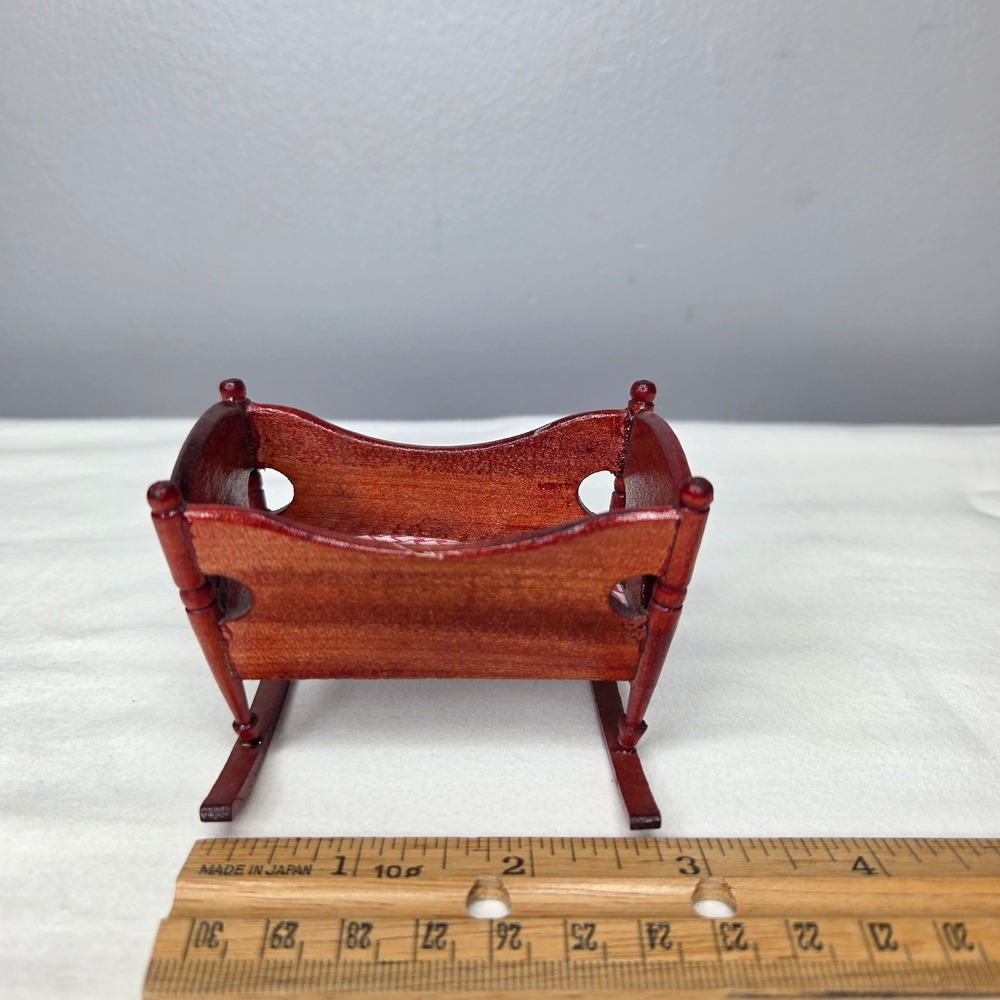 Vintage Miniature Wooden Rocking Cradle Dollhouse Nursery Furniture Red White